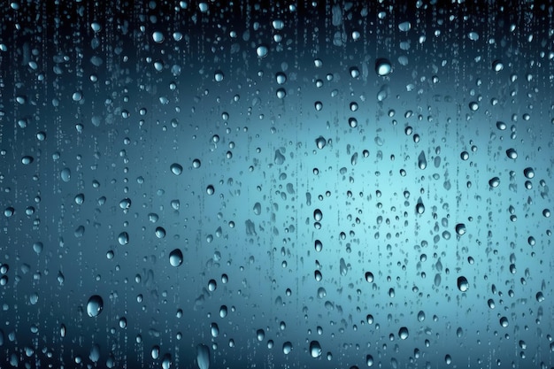 Regendruppels op een raam met een blauwe achtergrond generatieve AI