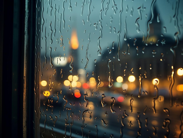 regendruppels op een raam met een wazig stadsbeeld op de achtergrond