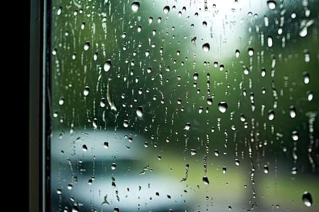 Regendruppels op een regenachtig raam die reflectie en een gevoel van vrede belichamen