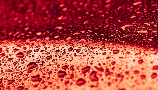 Regendruppels op een rood oppervlak. Waterdruppels op rode metalen textuur. Ondiepe focus. Detail van rood nat oppervlak na regen