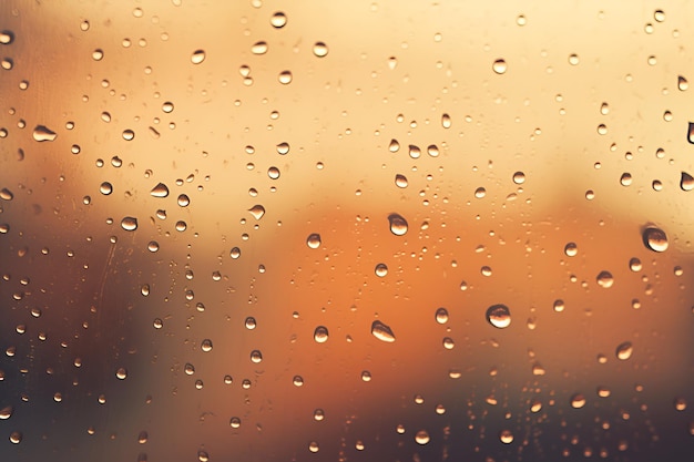 Regendruppels op het raam tegen de achtergrond van zonsondergang AI-generatie
