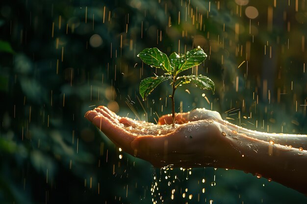 Regendruppels zijn kleine vallen over een vage donkere achtergrond van de natuur terwijl een individu houdt een delicate groene plant in hun handpalm en ruimte Generatieve AI