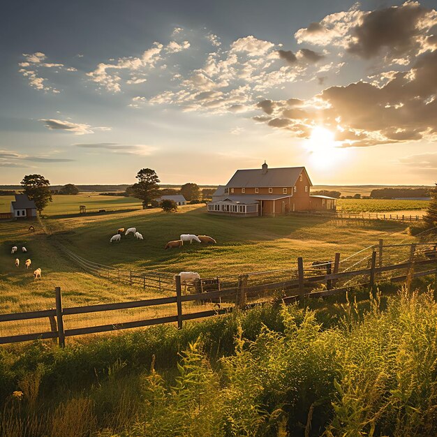 Regenerative farm in the midst of a beautiful sunset