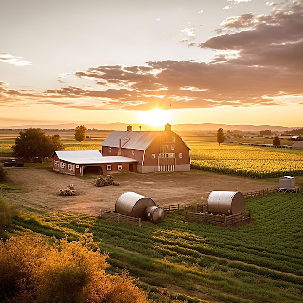 Regenerative farm in the midst of a beautiful sunset