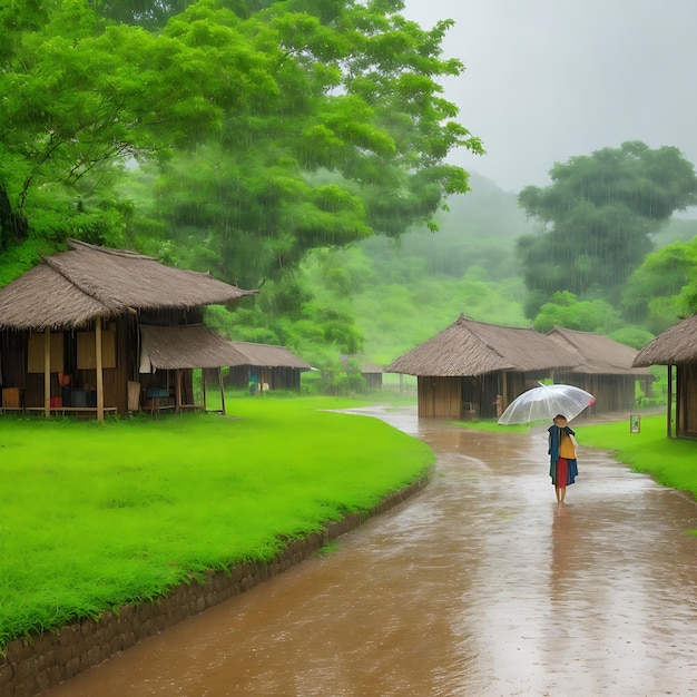 Regenseizoen in het dorp met zoet huis