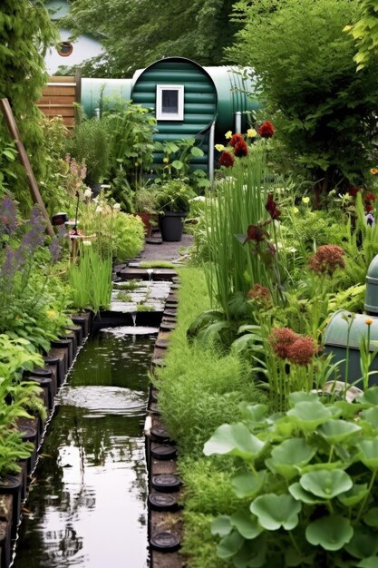 Regenwateropvangsysteem in een tuin gecreëerd met generatieve ai