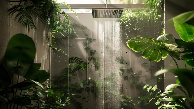 Regenwoud-geïnspireerde douche met regenkop te midden van weelderig groen voor een natuurlijk gevoel