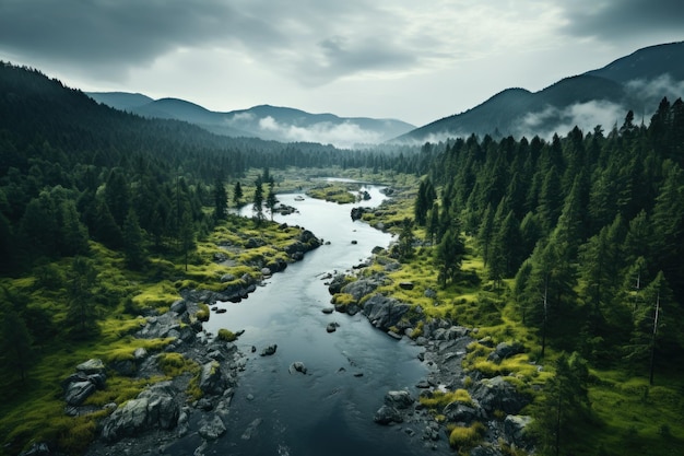 Regenwoud met uitzicht op het berglandschap Generatief met Ai