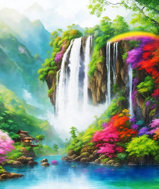 Foto regenwoud waterval paradijs vlinder bloemen regenboog pluizig schilderij op papier hd aquarel afbeelding