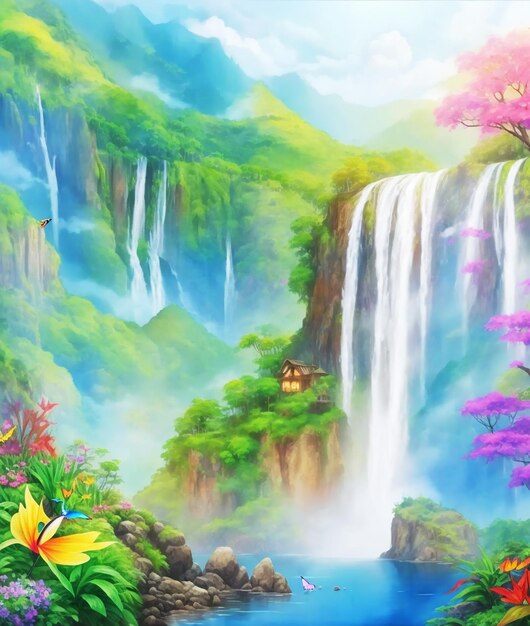 regenwoud waterval paradijs vlinder bloemen regenboog pluizig schilderij op papier HD aquarel afbeelding