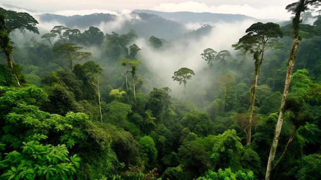 Regenwoudlandschap met bomen en mistthema behoud klimaatverandering en hernieuwbare energie Generatieve AI