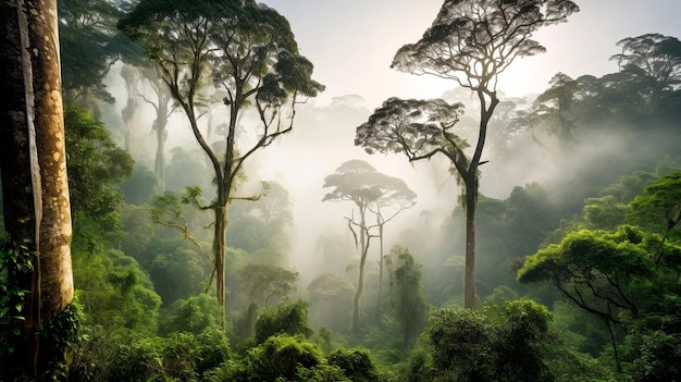 Regenwoudlandschap met bomen en mistthema behoud klimaatverandering en hernieuwbare energie Generatieve AI