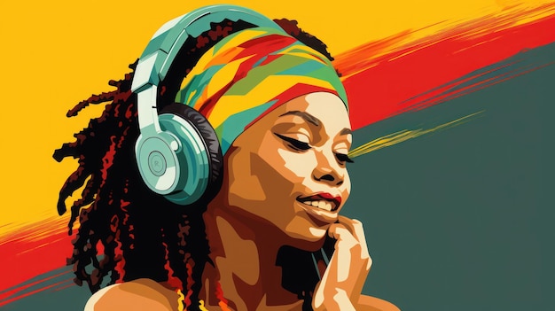 Reggae vrouw met koptelefoon vrolijk