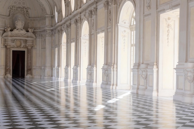 Reggia di venaria reale italië gang perspectief luxe marmeren galerij en ramen koninklijk paleis