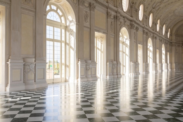 Reggia di Venaria Reale Italy corridor perspective luxury marble gallery and windows Royal palace