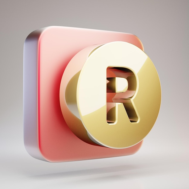 Photo registered icon. golden recycle symbol on red matte gold plate. 3d rendered social media icon.