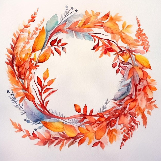 Registration of invitations Autumn wreath painted with watercolors Yelloworange leaves with berries