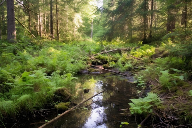 Regrowth of forest vegetation around a recovering creek created with generative ai