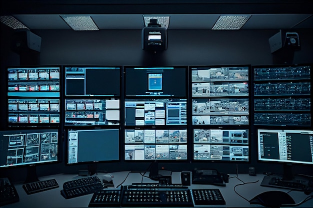 Regulering van veiligheid in een cctv-kamer met veel monitoren die beelden uitzenden van camera's generatieve ai