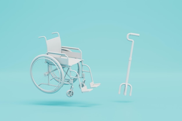 rehabilitation period for disabled persons. a wheelchair and a white stick on a blue background