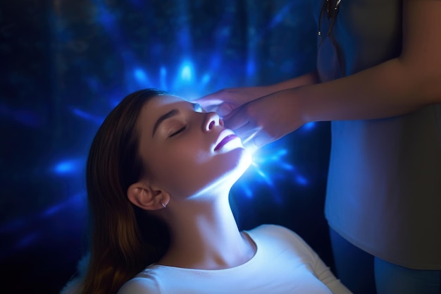 Foto praticante di reiki che guarisce le ragazze adolescenti chakra della gola