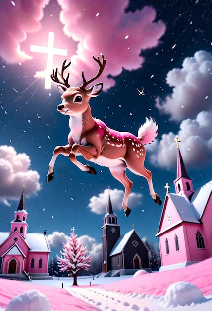 reindeer flying over christmas church