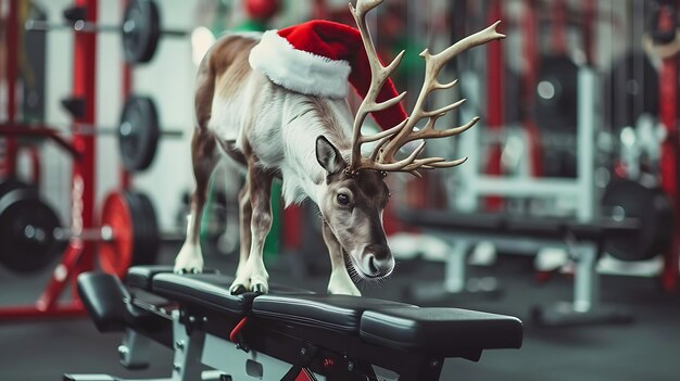 a reindeer head is on a bike in a gym