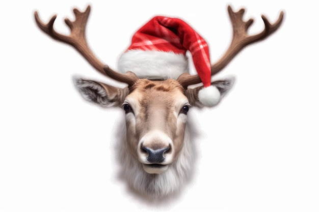 reindeer head with santa claus hat isolated on transparent background