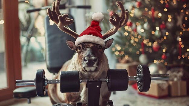 Photo a reindeer head with a santa hat on its head