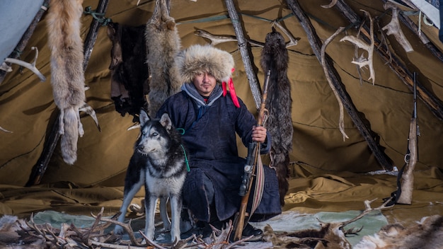 reindeer herders camp on the background near Russia border at Taiga, Mongolia