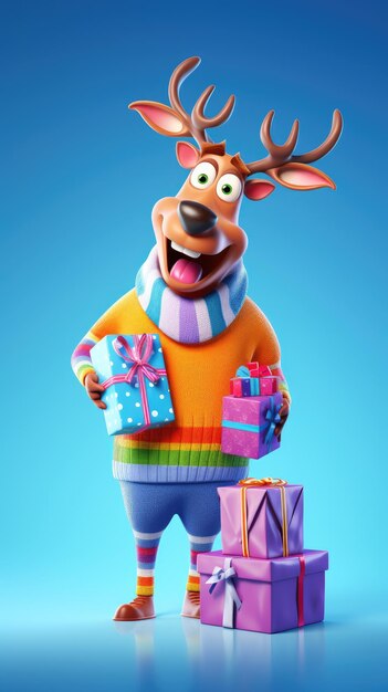 A reindeer holding christmas gift box