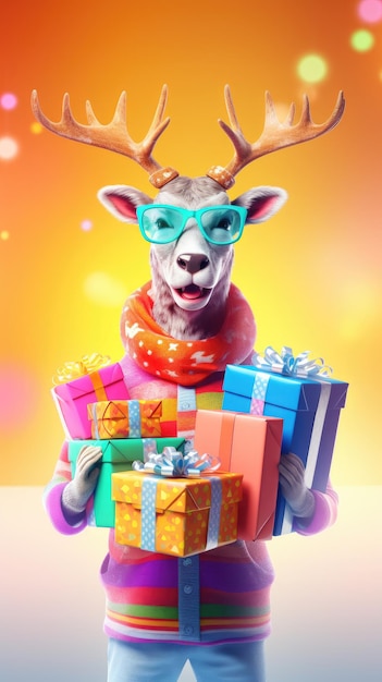 A reindeer holding christmas gift box