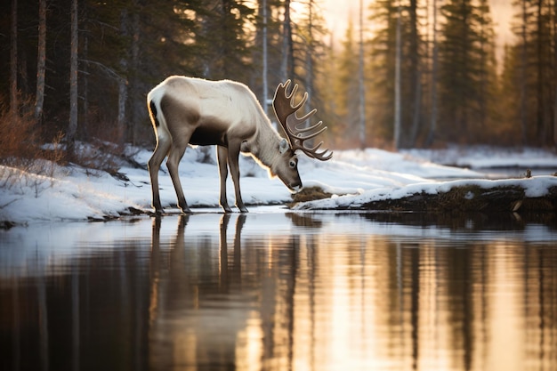 a reindeer is drinking water from a pond