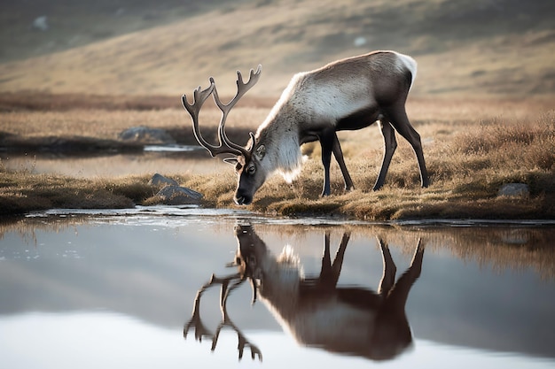 a reindeer is drinking water from a pond