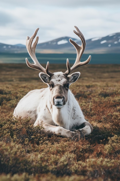 Premium AI Image | a reindeer laying down in a field with mountains in the  background