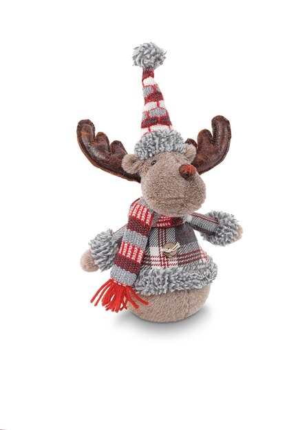 A reindeer ornament with a red and gray scarf