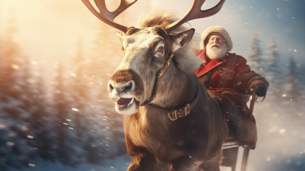 Reindeer pulling Santa Claus's sleigh through sky Generative AI