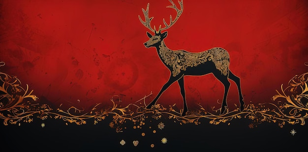 a reindeer on a red background in the style of glimmering