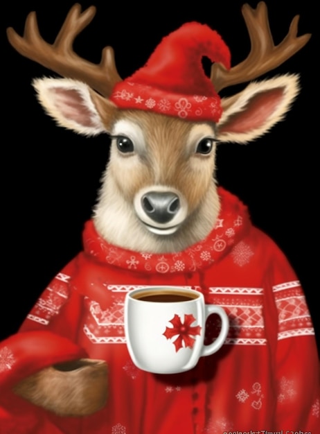 reindeer in red sweater holding a cup of coffee generative ai