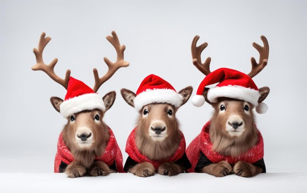 Foto reni in un cappello di babbo natale su una tela bianca isolata su uno sfondo trasparente