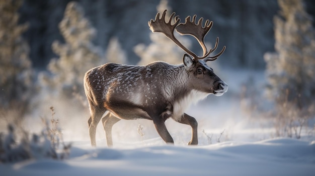 A reindeer in the snow in finland