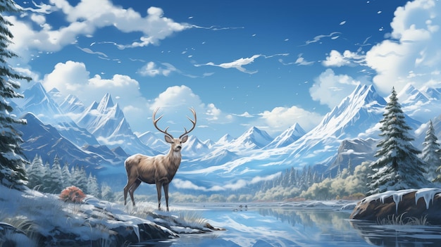 Reindeer in snowy landscape with pines forest and hills on background Drawing art and paint style