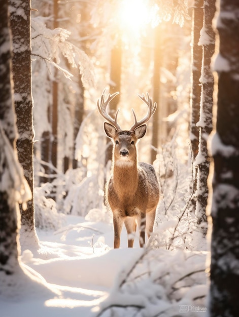 Photo reindeer in snowy winter beautiful coniferous forest at sunny day