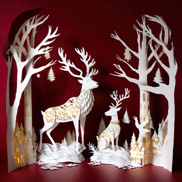 Reindeer traditional Christmas decoration paper cutout style illustration