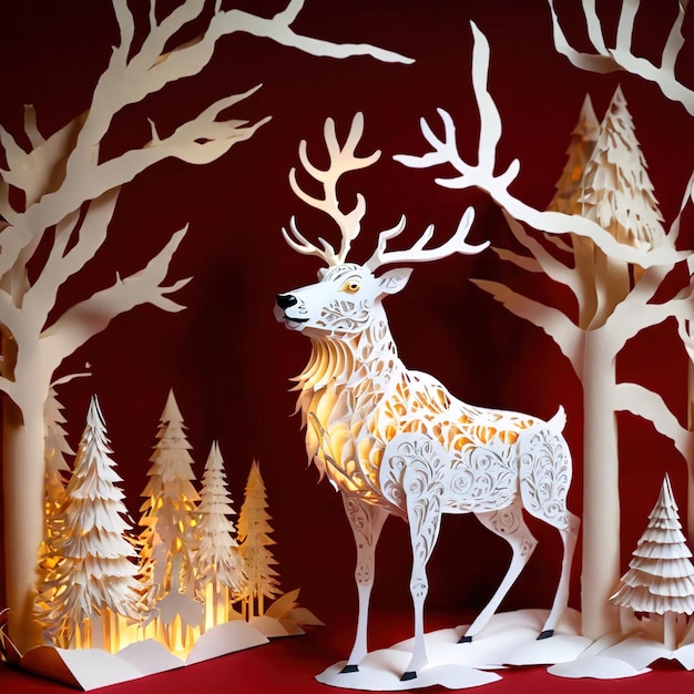 Reindeer traditional Christmas decoration paper cutout style illustration