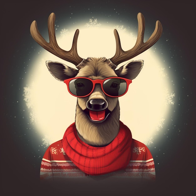 reindeer wearing red glasses and a sweater with a deers head generative ai