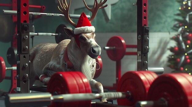 a reindeer wearing a santa hat is laying on a barbell