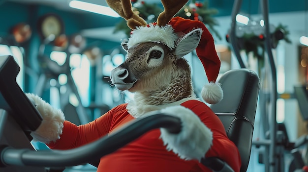 Photo a reindeer wearing a santa outfit is riding a treadmill