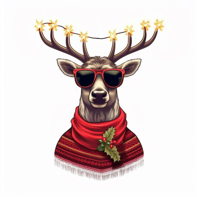 reindeer wearing sunglasses and a scarf with holly leaves generative ai