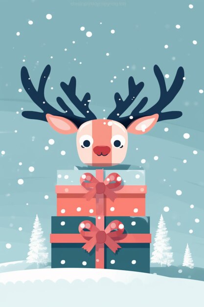 Reindeer with antlers and presents in snowy landscape with trees generative ai